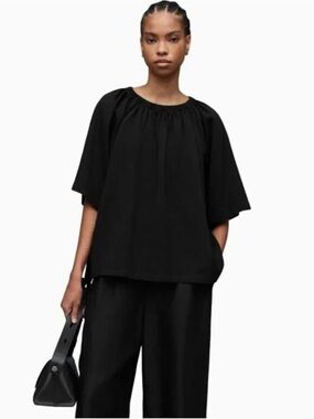 AllSaints Taylor Top Blouse Short Sleeve Pure Cotton Solid Black Size Small